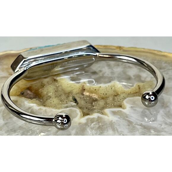 Kinsley Armelle Blue Azure Druzy Quartz Silver Tone Bangle Cuff Bracelet- Signed - Picture 8 of 12